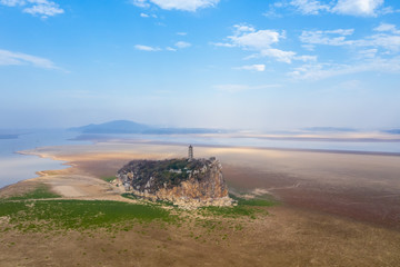 aerial view of shoe hill on poyang lake in dry season