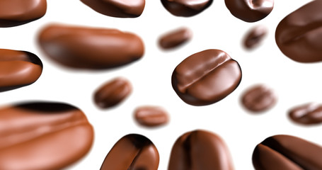 Flying Roasted Coffee bean on white background,