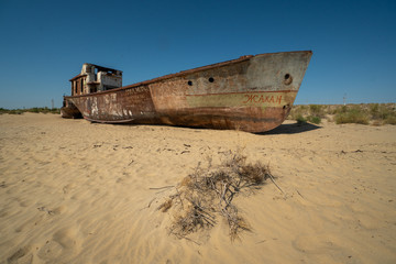 Naklejka premium Rusty ship wreck in the deserted Aral Sea near Muynak en Uzbekistan