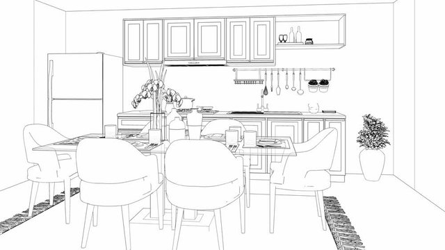 vintage dining room sketch interior, 3d animation 4k video