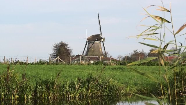 Dutch windmill with barns, grass and ditch in front, Oude Leede, the Netherlands