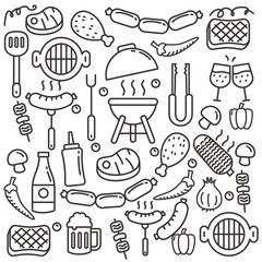 Fototapeta na wymiar Barbeque party element doodle vector with black hand drawn line design. Barbeque party background.