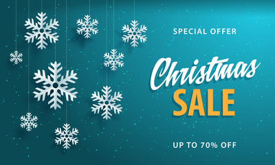 Christmas sale banner green background template with paper snowflakes