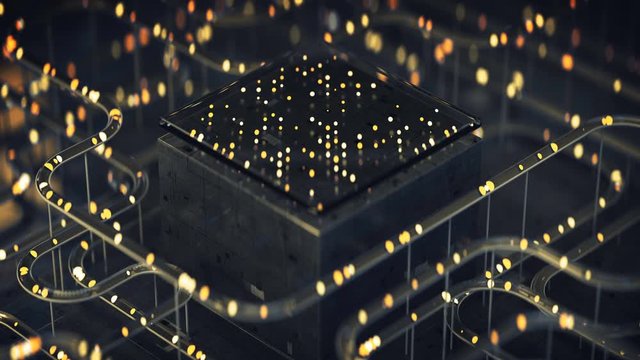 Cube and tubes with lights. Futuristic technology design. Seamless loop 3D render animation with DOF
