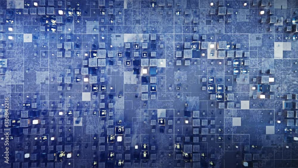 Poster abstract sci-fi blue surface with multimaterial cubes. futuristic science fiction or space technolog