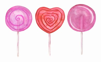 Set of caramel on a stick. Candies. Pink. Watercolor