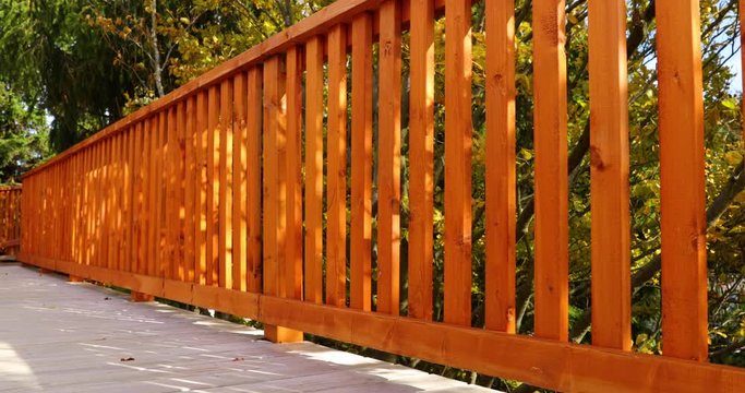 Wooden railing on a trail during a strong wind in the background with moving trees and through the gaps penetrating the sun, which rays draw a wooden floor light captured in Beskids area 4k 60fps.
