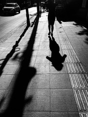 Black and white silhouette shadow of woman in busy and rush walking on the street to go to work in the morning with strong sun light.