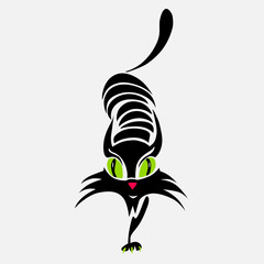 Black cartoon cat. Simple modern geometric flat style. Sneaking sly black stylish cat. Anime. Vector illustration. © maya_enker