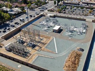 Aerial view of electric power plants. Electrical distribution substation. California