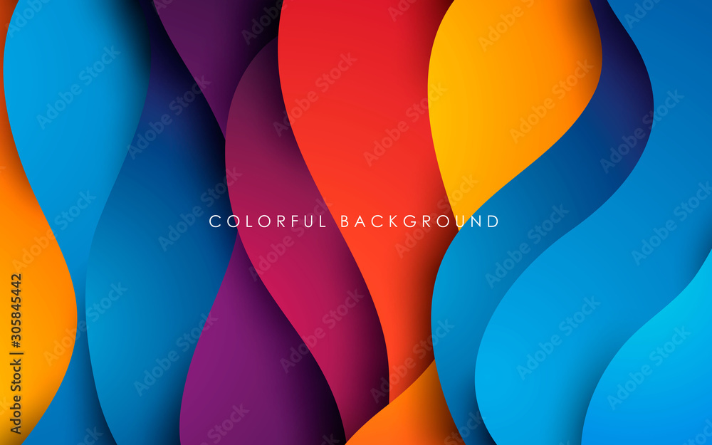Wall mural purple, orange, yellow and blue fluid color background. dynamic textured geometric element. modern g