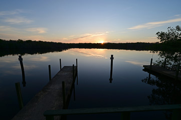 West Lake shelter and docks at sunrise in Everglades National Park, Florida on a calm winter morning.