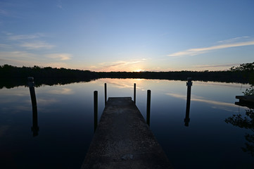 Fototapeta na wymiar West Lake shelter and docks at sunrise in Everglades National Park, Florida on a calm winter morning.