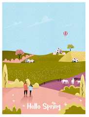 Vector illustration of a rural farm in spring or summer landscape postcard.Vintage pink and green color tone. Happy family with kid in natural farm in spring with noise and grainy.