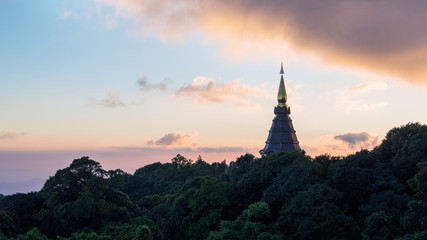 The Royal Stupa dedicated to His Majesty The King of Thailand at sunset in Doi Inthanon National Park, Chiang Mai, Thailand.