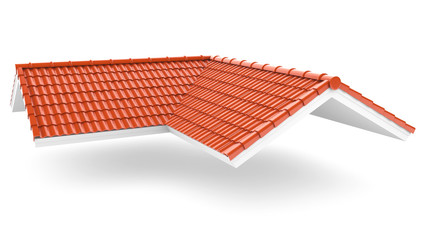 3d roof on the white background. 3d rendering,red roof tile isolated on the white background,Tile with structure on the white background.gable roof