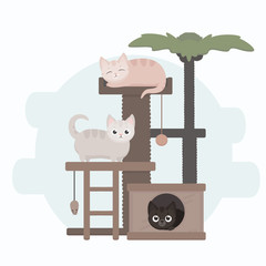 Cute funny cartoon cats on cat tower. Stock vector illustration. Claw sharpener, claw point, cat house vector.