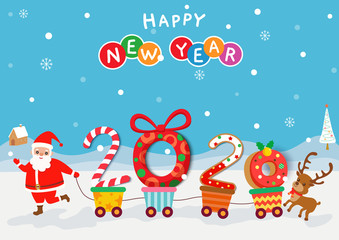 Happy New Year of 2020 with santa calus take a handcart on snowy background.