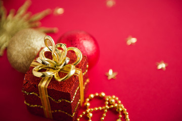 xmas decoration composition close-up, red and gold color