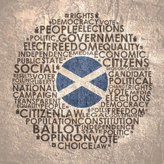 Words cloud relative for voting. Circle frame. Flag of the Scotland