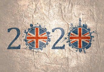 Circle with industry and sea shipping silhouettes. Objects located around the circle. Industrial design background. 2020 year number. Flag of the UK