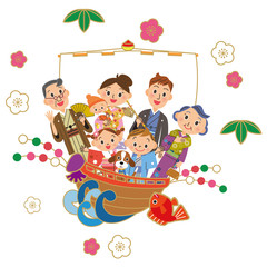 宝船で新年を祝う三世代家族