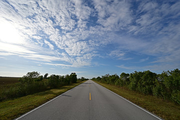 Wide angle view of Main Road in Everglades National Park, Florida receding into distance under beautiful winter cloudscape.
