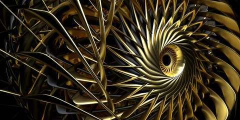 3d render of abstract aircraft turbine engine with sharp blades in gold and black matte material