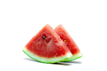 Closeup of red pieces of fresh two watermelon on a white background