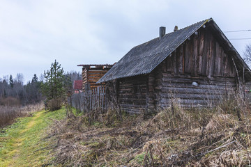 brown rural house, dilapidated house, autumn