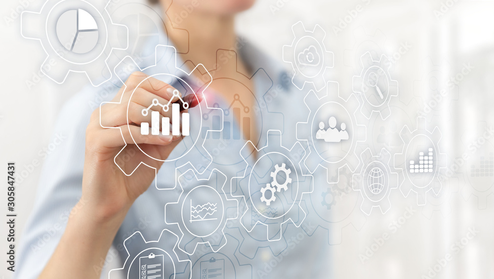 Wall mural business process gears abstract diagram with gears and icons. workflow and automation technology con