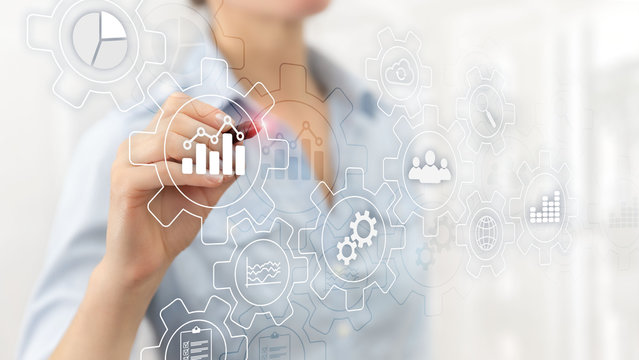 Business process gears abstract diagram with gears and icons. Workflow and automation technology concept