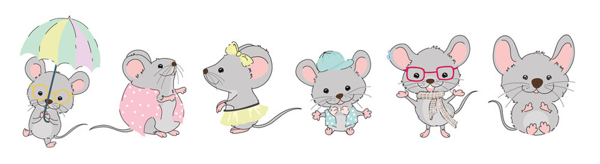 Cute mouse characters design vector, Kawaii rat Isolated on white background.