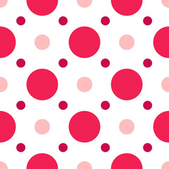 Valentine Day abstract seamless pattern - red and pink polka dot ornament on white, geometric shapes, vector romantic background, endless texture for wrapping, textile, scrapbook