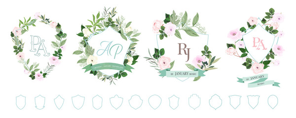 wedding logo for wedding invitation cards, RSVP card, Menu and Wedding online cards, wedding  frame and ribbon design vector