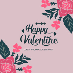 Banner of happy valentine, with beautiful elegant pink wreath frame. Vector
