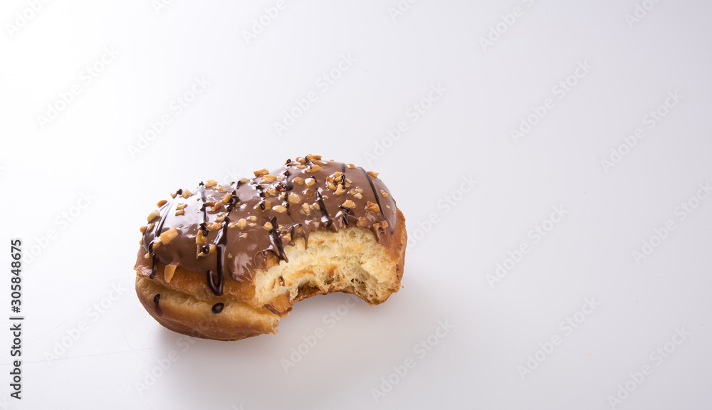 Poster donut or donut with missing bite on a background new.