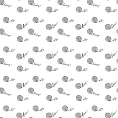 Seamless patterns with yarn ball. Knitting love. Black line on white background. Vector version.