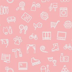 Shops, pattern seamless, color, linear, pink, vector. Different product categories. A subtle, linear pattern.  