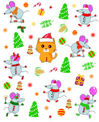 Winter Christmas background. Merry Christmas mice play with a cat. For the design of cards and congratulations.