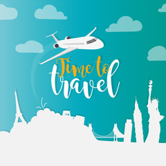 Tickets sale banner. Background for travel. Paper art style. World attractions, airplane, discounts on air tickets. Blue background.
