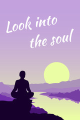 Fototapeta premium Woman yoga and outdoor activities. Woman engaged in meditation in nature, sitting in a Lotus position on the edge of a cliff. Sunset and landscape background with the river and hills. Flat vector.