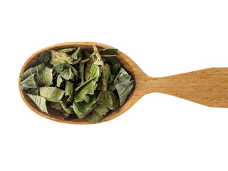 Dry leaves of wild strawberries in a wooden spoon on a white background