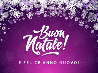 Buon Natale - Merry Christmas in Italian language purple card template with decoration elements, snowflakes