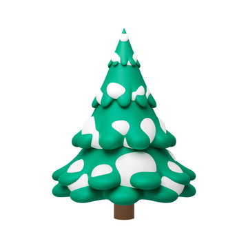 Pine tree in minimal style isolated on pure white background with snow festive concept. Decoration trees of merry christmas. 3D rendering. ( Clipping path )