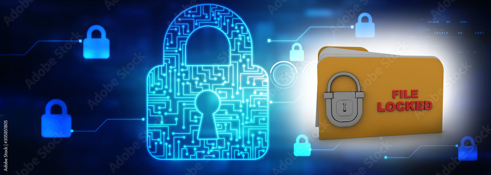 Poster yellow folder and lock. data security concept. 3d rendering