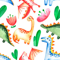 Childish hand drawn watercolor pattern with cute dinosaurs. Perfect for kids apparel, textile, fabric, nursery. on white background