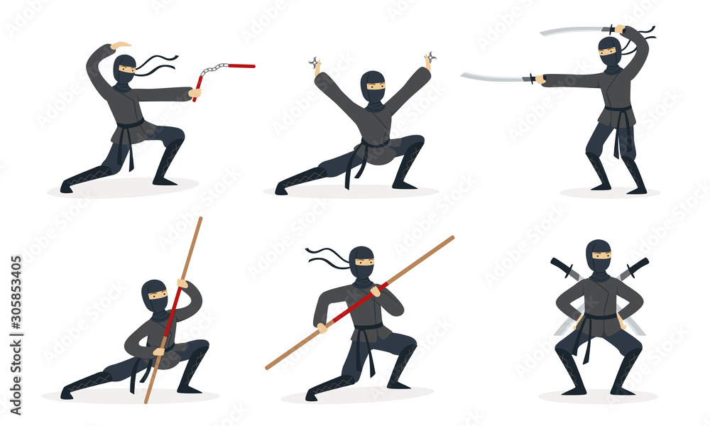 Poster ninja shows different tricks with weapons. set of vector illustrations.