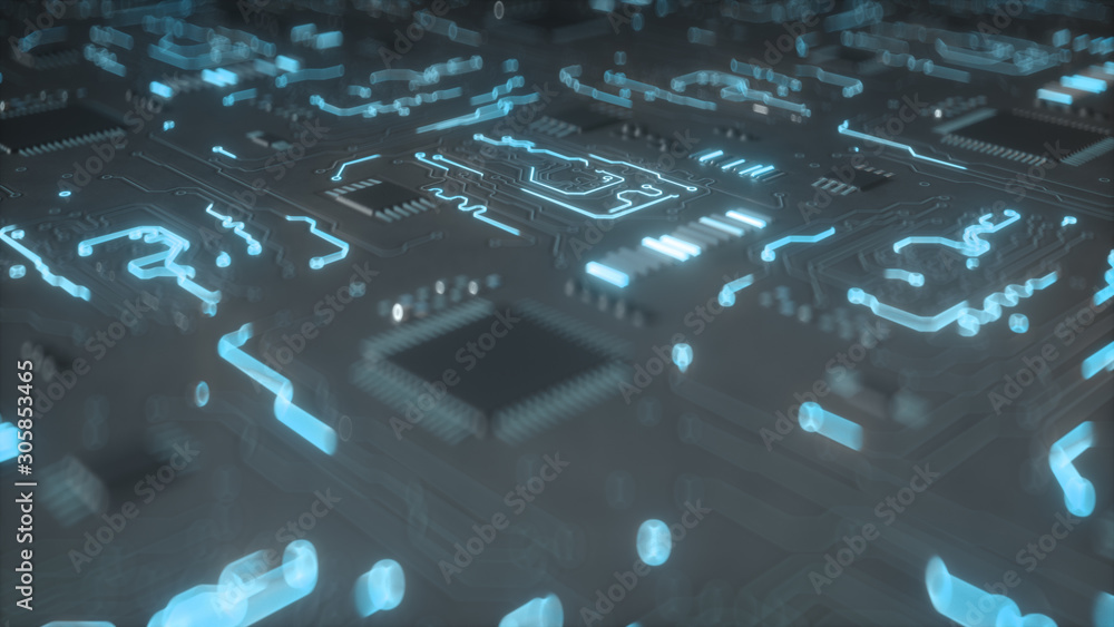 Poster electric current on on printed circuit board 3d render