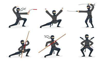 Ninja shows different tricks with weapons. Set of vector illustrations.